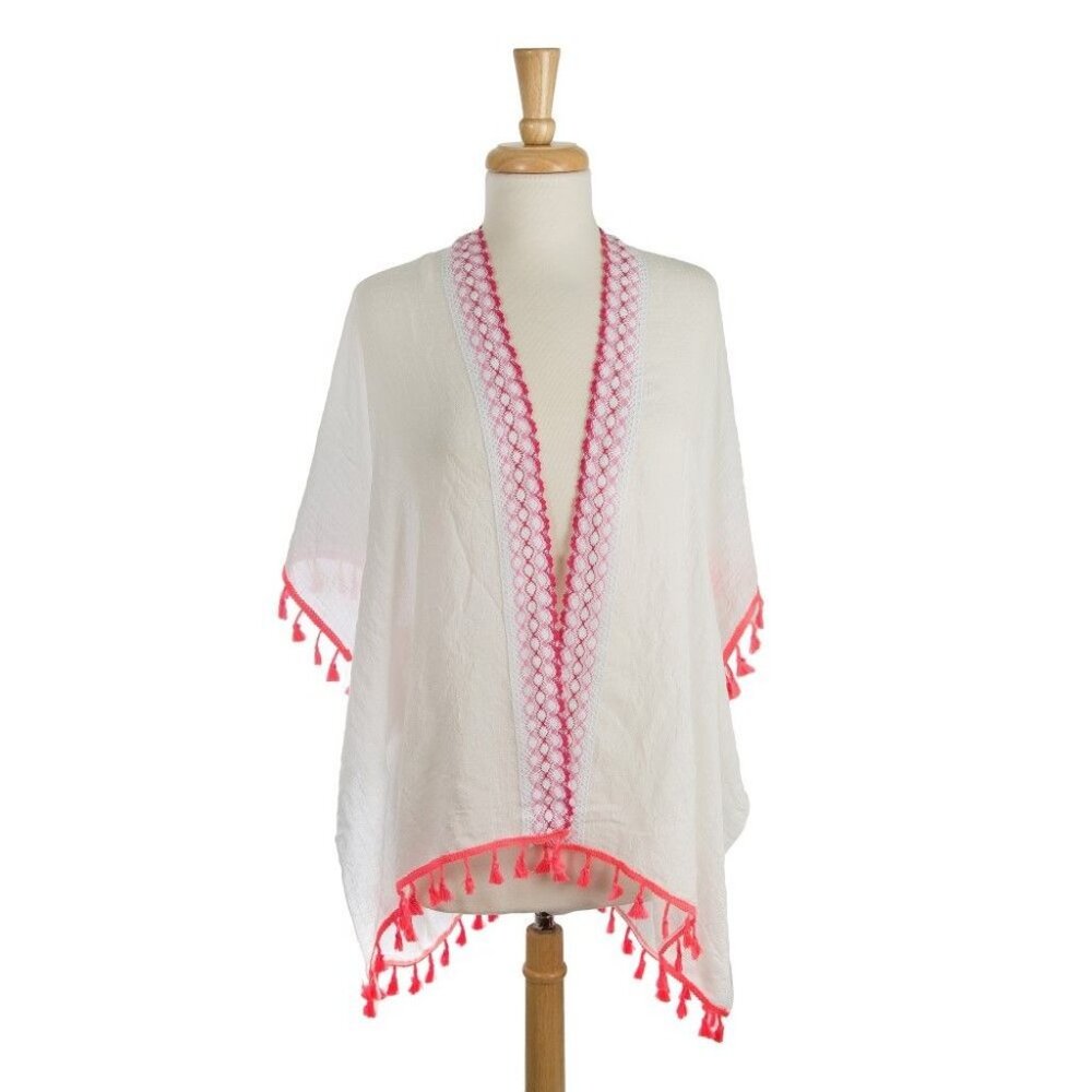 White Kimono Cardigan With Pink Trim‎ & Tassels - One Size